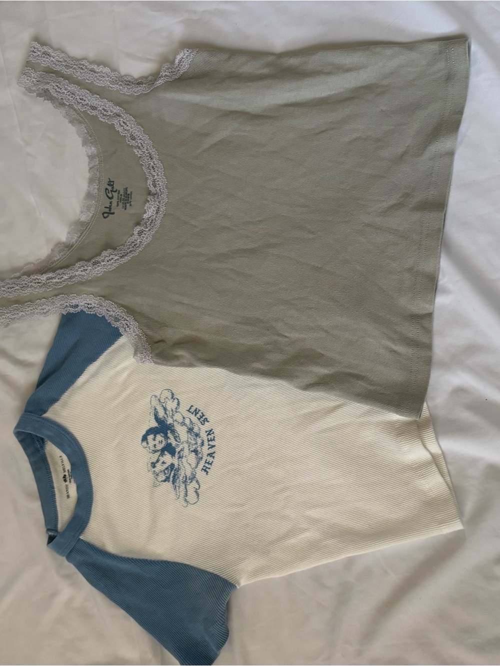 Brandy Melville Sage Lace-Trim Tank Top + White & Blue Raglan Tee Duo